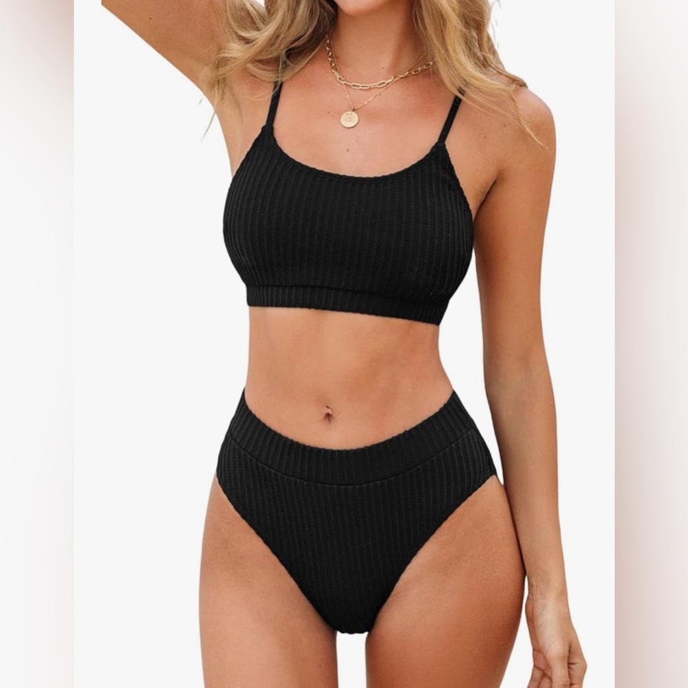 Black Ribbed High Waisted Bikini Set - Textured Scoop Neck Two Piece - Size L